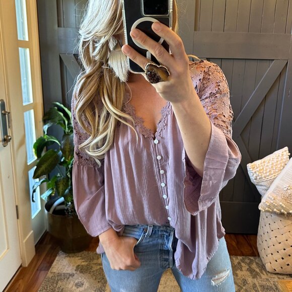 Cotton Blouse 3/4 Sleeve Button Front Floral Purple Top - Picture 2 of 8